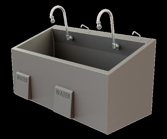 , dual, or triple stations Deep sloping basin Adjustable thermostatic controlled pressure regulating mixing valve (one per station, mounted under sink) Knee operated water (optional with IR sinks)