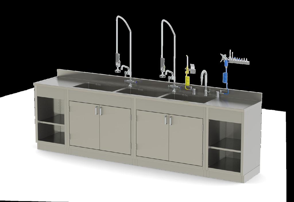 backsplash 12" backsplash Side splash Tubing manifold Hand lever drains PS2612035-9 (electronic adjustable height shown with left to right workflow and optional pre-rinse faucet, DI water, air gun,