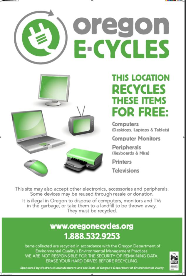 SIGNAGE Oregon E-Cycles collectors must post signage with information relating to hours of operation, accepted materials, data security, processing standards, potential for reuse, and more.