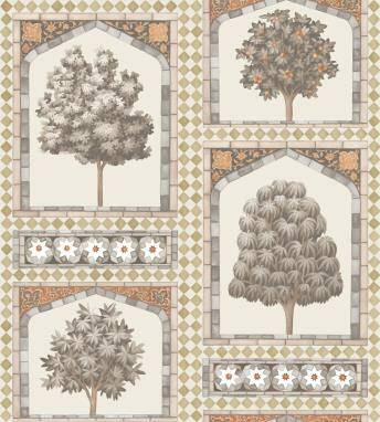 A cartouche of English trees is the focal point of this stunning patchwork surrounded by faience tile mosaics, inspired