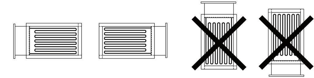 Installation The duct heaters can be installed in horizontal or vertical ducts. The air flow through the duct heater must be in the direction of the arrow on the duct heater cover.