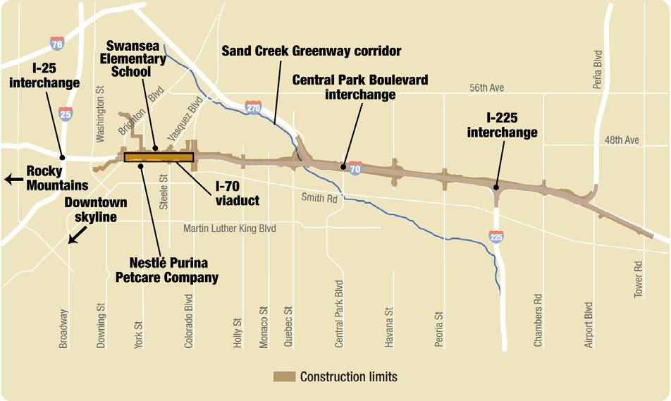 The highway has a large footprint and is a dominant landscape feature. Throughout the project corridor, I-70 is either elevated on a bridge structure or at grade.