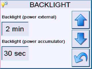 2.9 Backlight setting To adjust the backlight of the display, highlight the item you want to edit. The value can be changed using the up and down arrows.