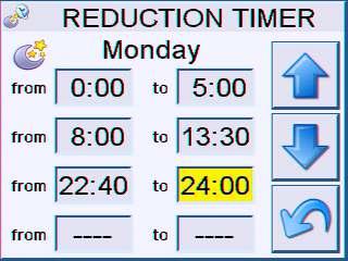 2.4 Reduction timer For each day of the week, you can select up to four time intervals during which the reductution timer is active. Move between the days of the week using the arrow buttons.