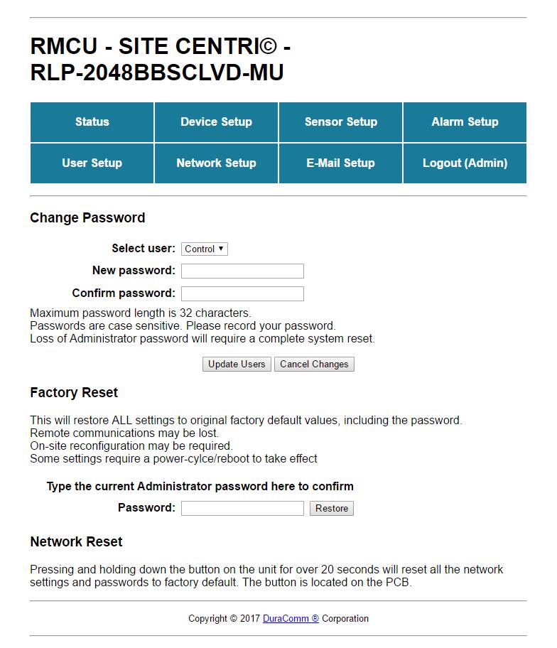USER SETUP User Setup Password changes and RMCU hard resets are perform by using this page. Care should be taken when changing any of these settings.