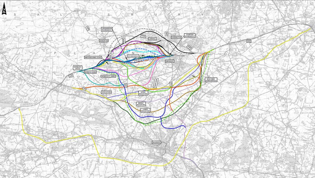 Corridor C Surface routes within 1.0 km of the existing A303 (as the route options pass through the WHS). Corridor D Routes including a tunnel (at least partially within the WHS).