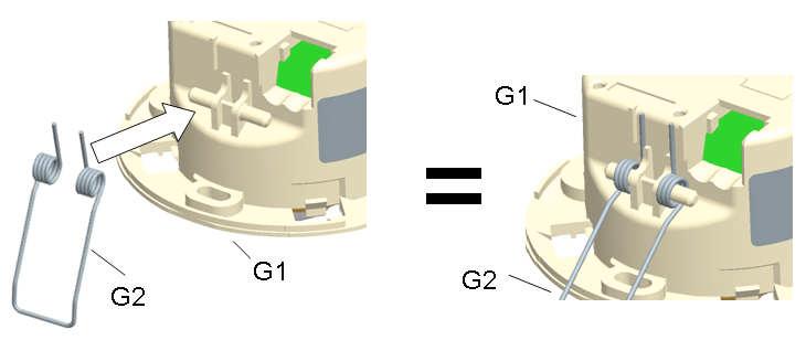 Figure 6: Mounting the fixing clamps for mounting the device in suspended ceilings G1 G2 UP 258D device Fixing clamp Installation in suspended ceilings with fixing clamps Press the fixing clamps