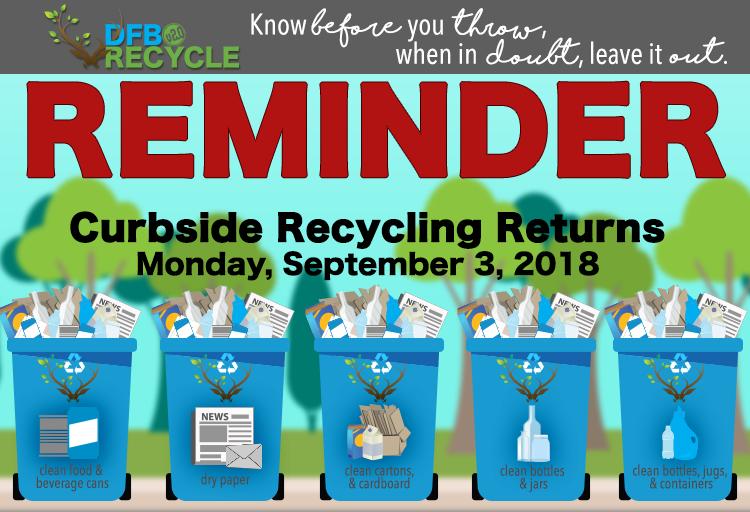 RETHINK. RESET. RECYCLE. Reminder to place your recycle bins out next week. Recycling restarts on Monday, September 3, 2018. The collection schedule will remain the same as prior to the suspension.