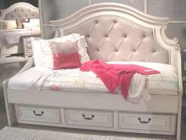 fronts and overlay decorative corbels dress up the cases Ornately shaped headboard has inset upholstered cushion Night stand offers AC power supply with two USB charging ports Dovetailed drawers have