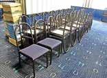 Wood Grain Dining Tables; (8) Black 4- and 6-Top Dining Tables; (65) MLP Blue Cushion Seat Dining Chairs with