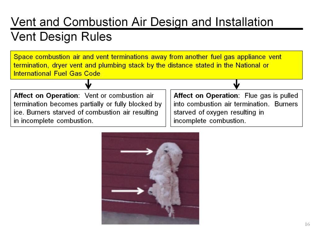 Place combustion air terminations away from other fuel gas appliance vents, dryer vents and plumbing stacks. Refer to the latest version of the National Fuel Gas Code for spacing requirements.