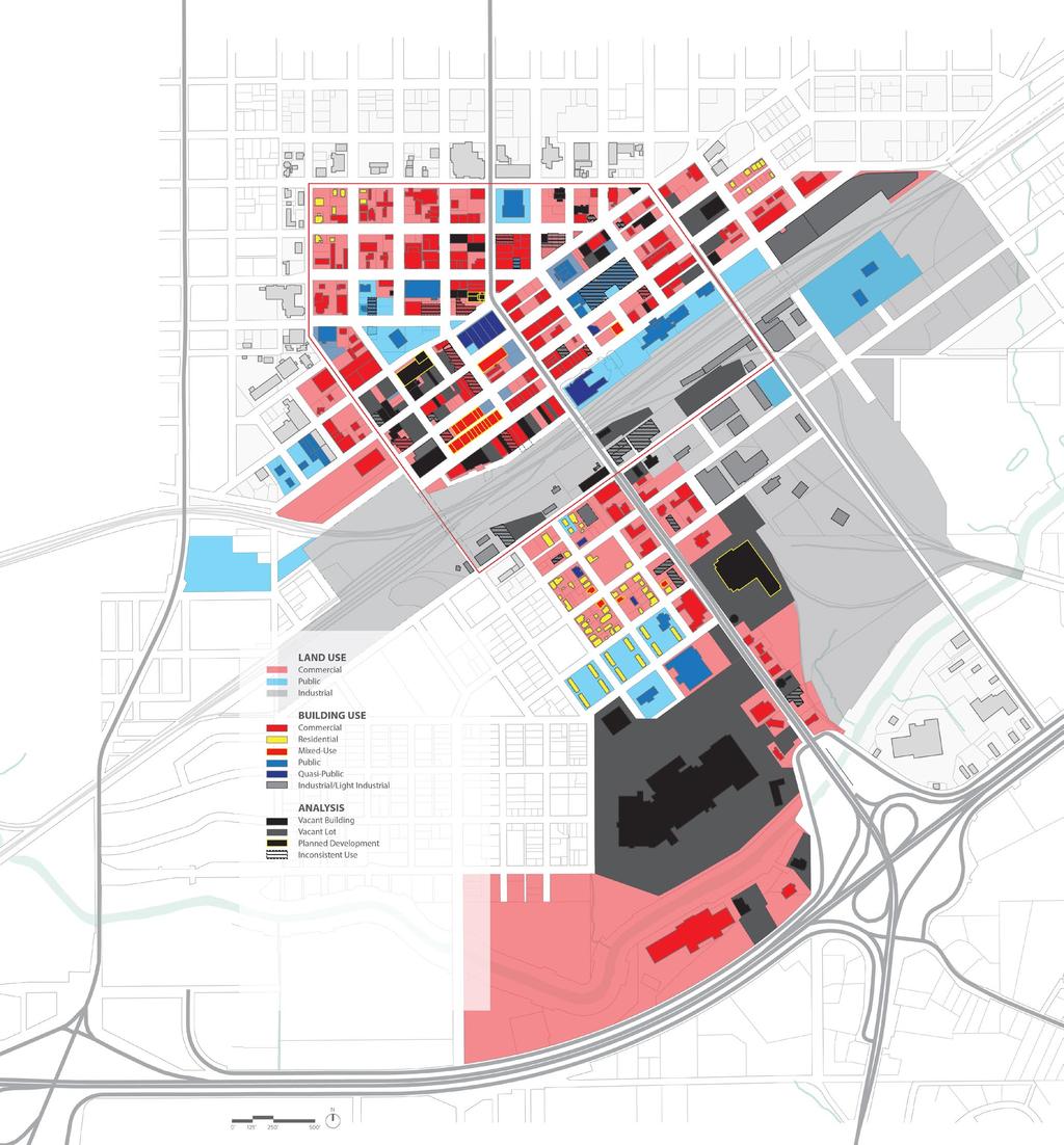 US OBSVOS Overlaying land use, building use, and vacancies in and around downtown eridian, highlighted several planning issues: solation t present, the downtown core is isolated from the main access