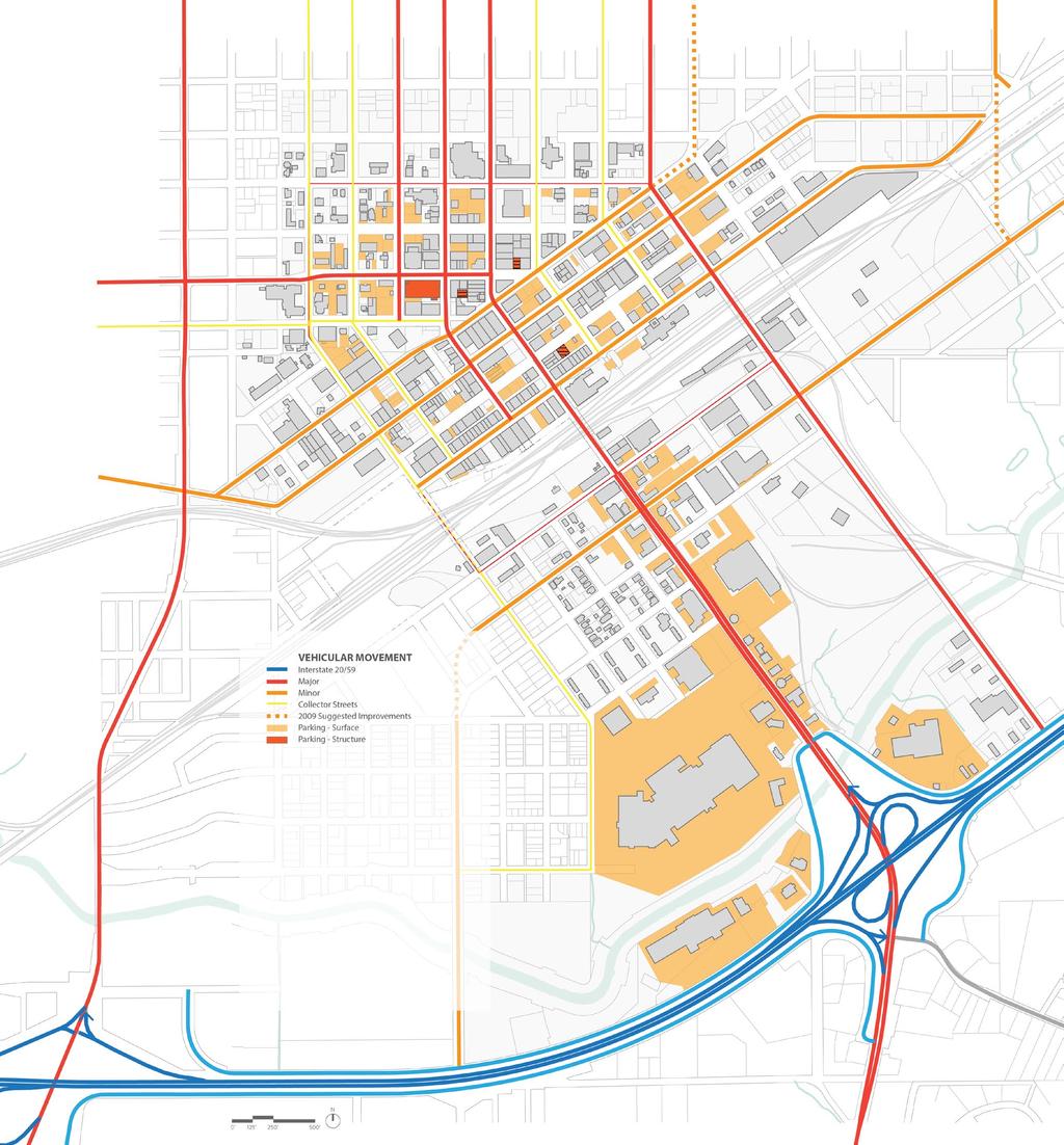C & KG OBSVOS Overlaying major/minor vehicular routes and both surface parking and parking structures provide an analysis of movement to and around downtown: 22nd venue his route provides primary