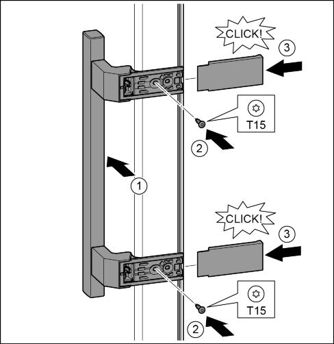 Putting into operation u Carefully lift up the plugs and remove them with a slotted screwdriver. Fig. 32 (1) u Position the door from above onto the lower bearing bolts. Fig. 32 (2) u Insert the middle bearing bolt through the middle bearing bracket into the lower door.