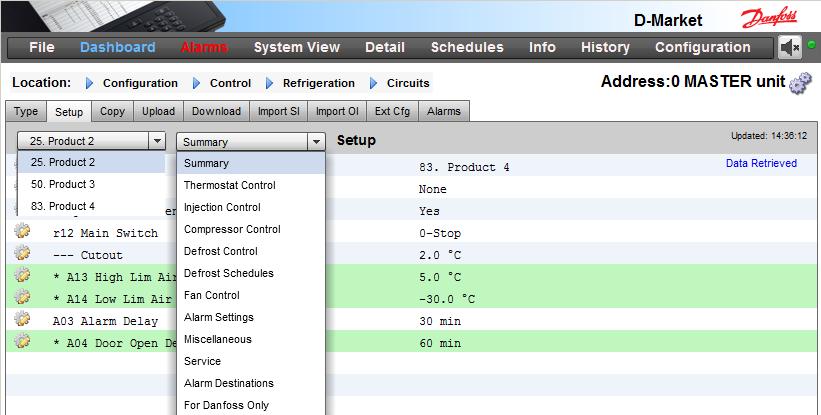 Controllers (AK-PC ) Circuits = Case Controllers (AK-CC, EKC-thermostats ) Etc. Choose your section and go to Setup tab. Each controller can be selected in the left dropdown box.