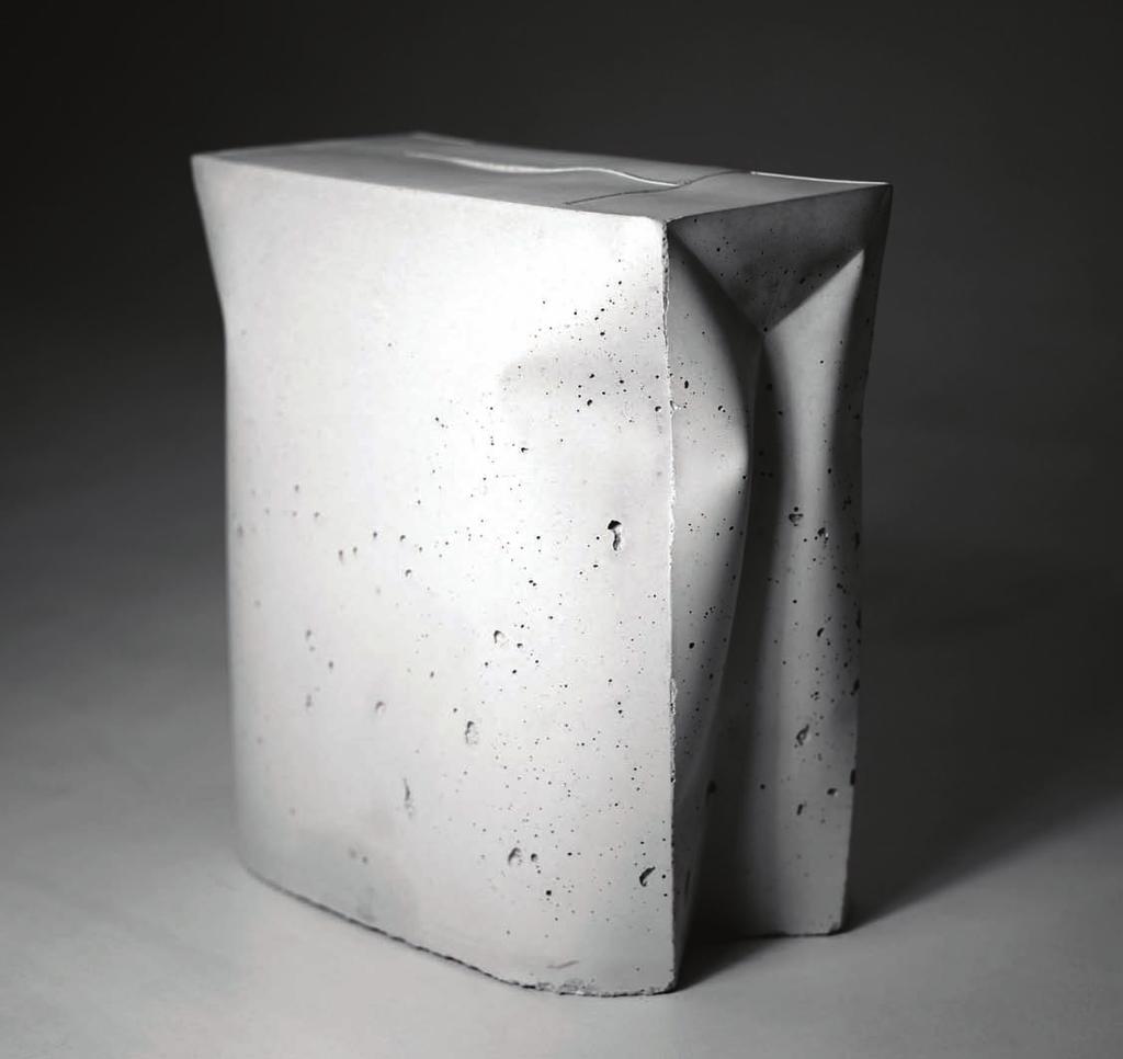 BAG STOOL Referencing material consumption, Gitta Gschwendtner has created concrete and woodcrete stools cast from moulds based on paper shopping bags.