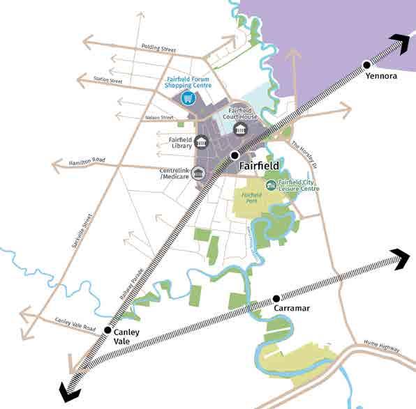 Figure 3-8: Fairfield District Centre existing activities Retail hub Existing Industrial Zones Railway Station Local Government Office Local Public Open Space Motorway State
