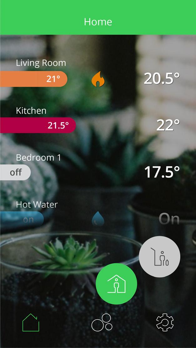 Open and start Control your heating Home view and what it displays Overview of rooms, set-point temperatures and heating status. Meaning of the colours: Red Warm 21.5 30 C Orange Comfort 17.