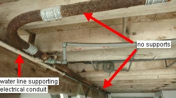 GFCI Service conduit is supported by PVC main water line. No GFCI receptacle device protection on any of the many receptacles located in the lower level.