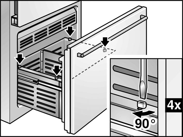 The upper container must first be removed before the door container can be taken out. 1. Screw the closures by 90 on the pullout using a screwdriver.