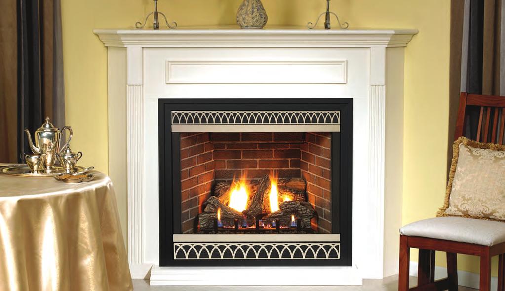 Tahoe Premium Direct-Vent Fireplaces Tahoe 36 Premium Fireplace with Aged Brick Liner, Stainless Steel Arch Louvers and Black Outer Trim with a White Standard Corner Mantel Premium Series 25,000 Btu