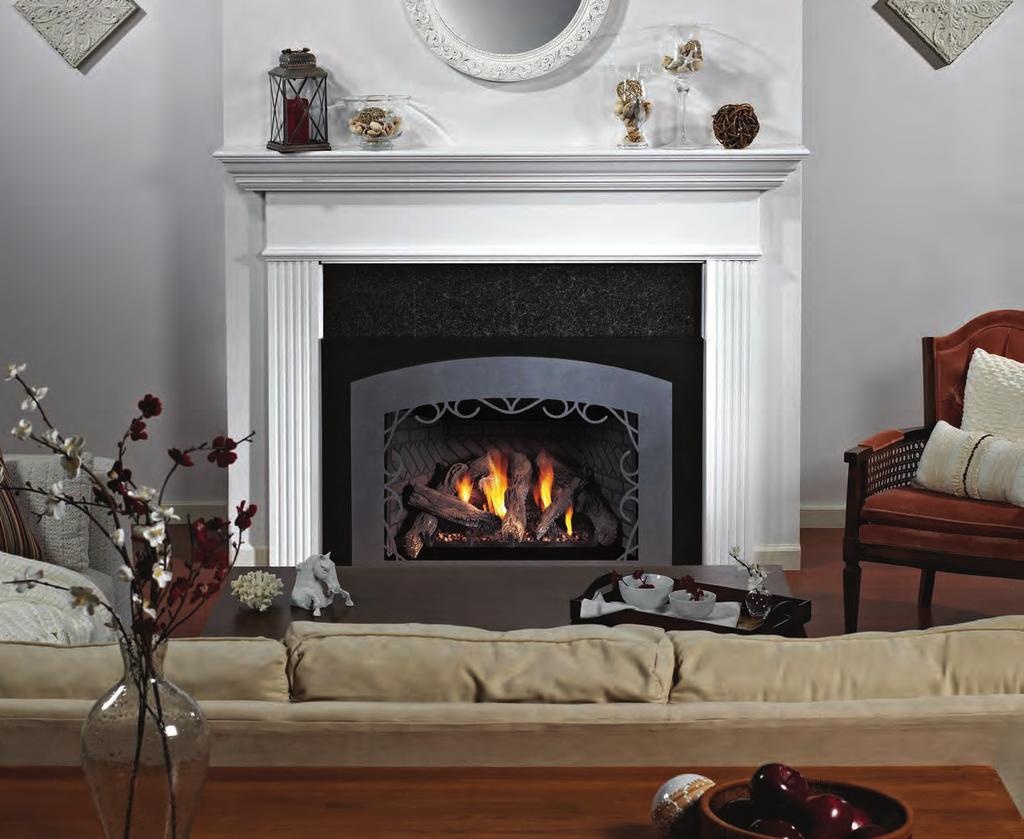 Luxury Innsbrook and Luxury Loft Direct-Vent Fireplace Inserts 30,000 Btu Luxury Innsbrook Direct-Vent Fireplace Insert with Aged Banded Brick Liner and Lafayette Front in Hammered Pewter Luxury