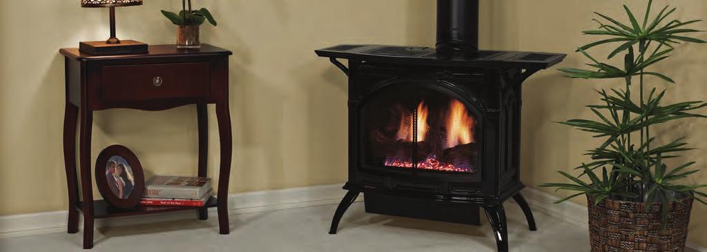 Empire Direct-Vent Cast Iron Stoves Empire Medium Direct-Vent Cast Iron Stove in Porcelain Black with Barrier Screen and optional Side Shelves Empire Direct-Vent Cast Iron Stoves Bring the warmth and