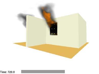 The FDS simulation under predicts both the amount of smoke and flames present in both figures. The smoke is thinner and the flames pulled into the room from the corridor.