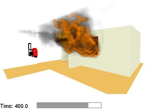 The external corridor doorway view displays the ignition of the combustion products leaving the doorway both in the experiment and the simulation.