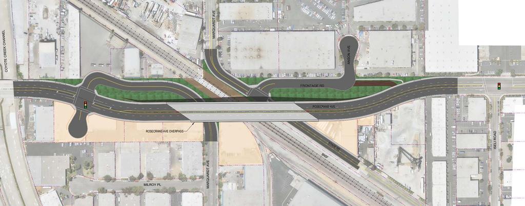 Rosecrans/Marquardt Final Design - Offset Overpass 1. Raise Rosecrans Ave. (four lanes) over the tracks, with a realignment to the south. 2. Connect Marquardt Ave.