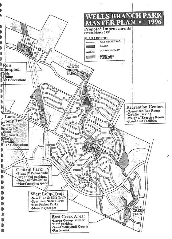 The 1996 Wells Branch Park Master Plan was prepared in April 1996 by Hinman Halford Architects and Winterowd & Associates.