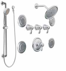 3/4" THERMOSTATIC VERTICAL SPA SETS ExactTemp / TS276* Rainshower showerhead, hand shower with slide bar, four flushmount body sprays Available in Chrome, LifeShine Brushed Nickel or Oil