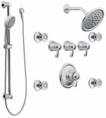 Monticello / T243* Single-function Moenflo XL showerhead, four body sprays Refer to page 190 for finishes.