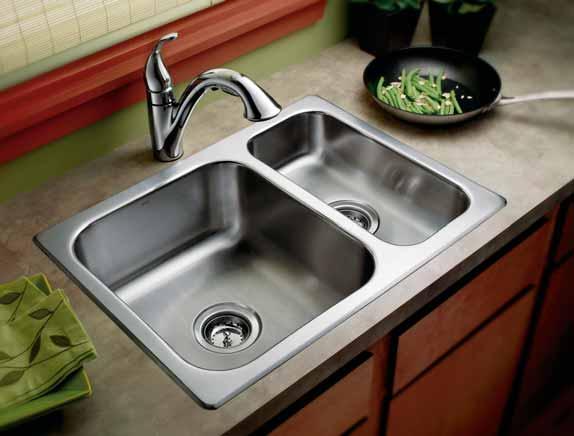 Camelot Drop-In Sink / 22234 Camerist Pullout Faucet / 7545C CAMELOT DROP-IN SINKS 20-gauge stainless steel with10-year limited warranty Double Bowl 22219 4-hole 33" x 22" x 10" & 7 1 /4" Double Bowl