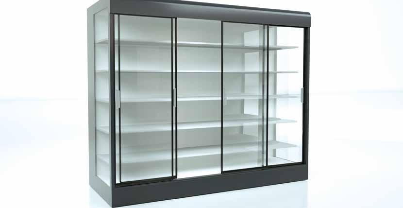 Glass doors for refrigerated wall multidecks: Shelf The advantages at a glance Ideal for narrow aisles as the sliding system saves space Closes automatically at an ideal speed Modern goods displays,