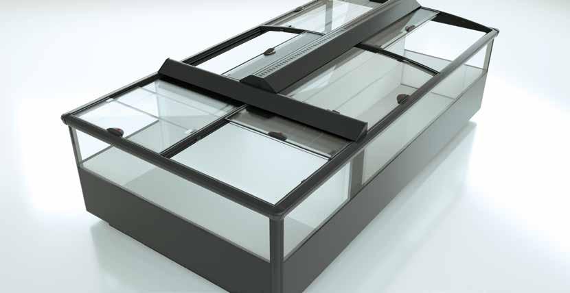 Glass covers for refrigeration and chest freezers: EcoFlex Push 3 The advantages at a glance The largest possible opening in the EcoFlex Push product line thanks to the 3-part pane Optional LED