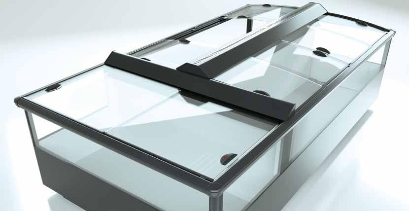 Glass covers for refrigeration and chest freezers: EcoFlex Slide The advantages at a glance Frameless glass cover with a modern, high-quality look Optional LED lighting on the handrail and centre bar