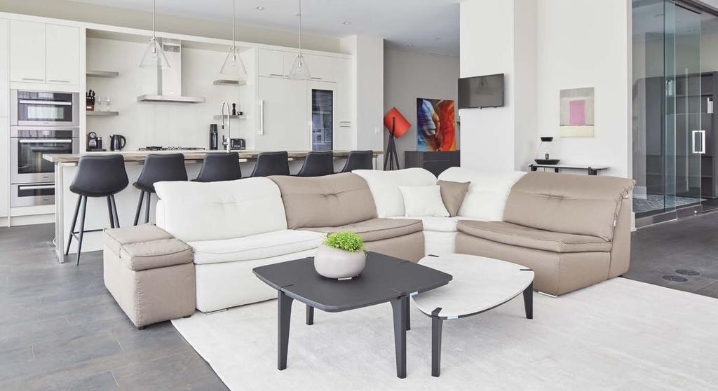 LEFT: Strategically placed furnishings provide uninterrupted sightlines in the open concept kitchen and living room.