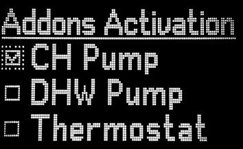 9.5 Hardware Setup Use this submenu to activate (with check mark) or deactivate additional peripherals. CH PUMP central heating pump DHW PUMP domestic hot water pump Thermostat.