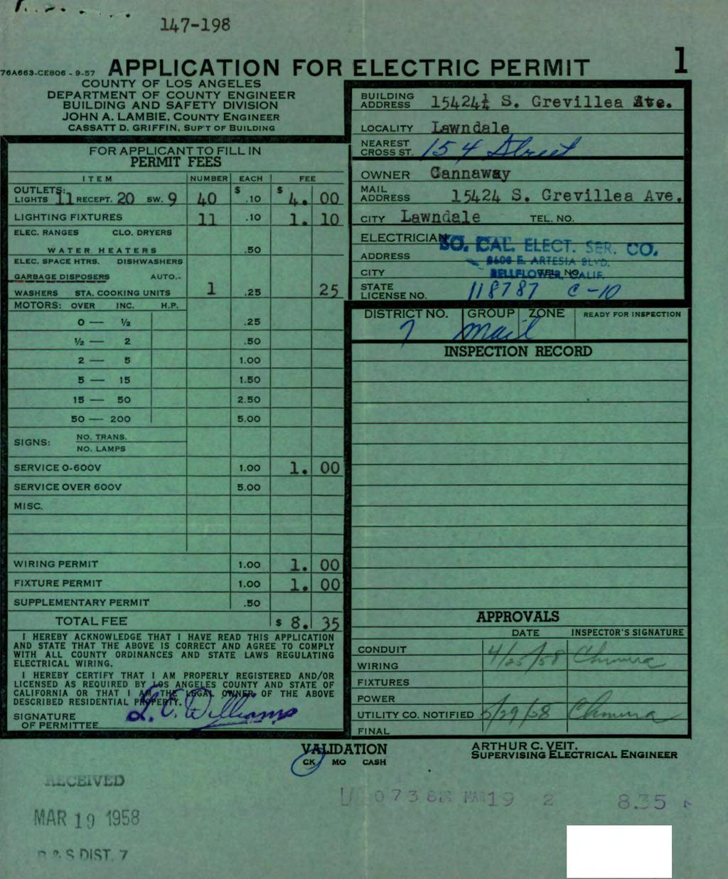 f. ^ 147-198 APPLICATION FOR ELECTRIC PERMIT 76A66$-CE806-8.57 COUNTY OF LOS ANGELES DEPARTMENT OF COUNTY ENGINEER JOHN A. LAMBIE.
