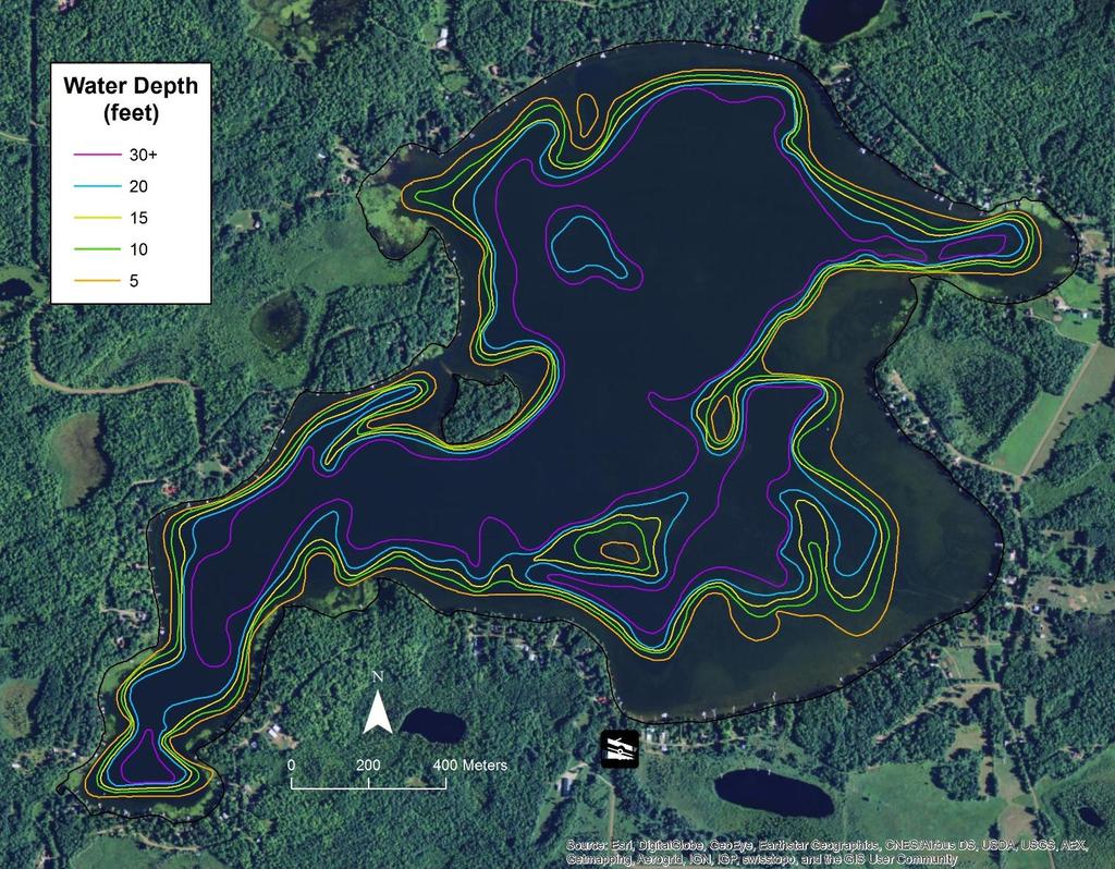 Map 2. Water depth contours of Big Pine Lake.