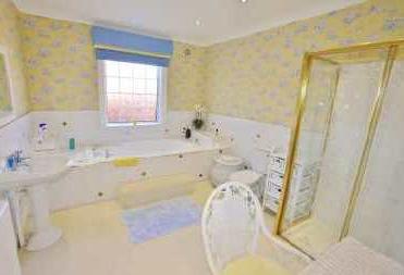 05m) Luxury suite comprising bath with tiled surround, pedestal wash hand basin, double shower cubicle with plumbed in shower and low level wc, spot