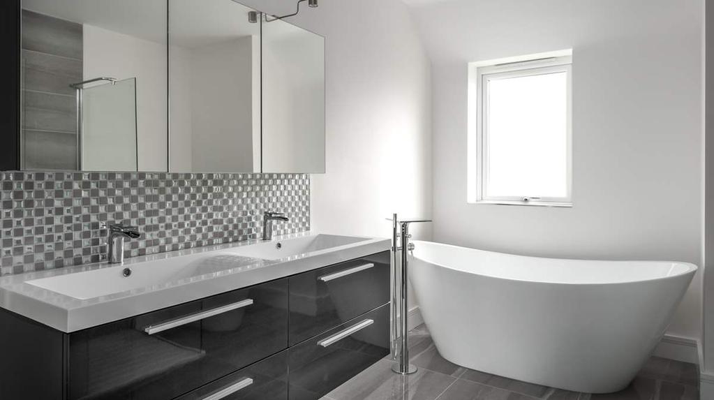 Five piece suite comprising: Deep fill bath with mixer tap/shower attachment and floor mounted stand pipes, 1700mm walk-in shower with multi function shower unit, low level WC and His 'n' Hers wash