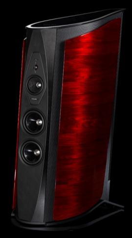5-way floorstanding loudspeakers Red Violin, Walnut, & White available to special order Cabinet: Lyra shape, dual side curvature, special cross grained okuomè plywood in a double thickness, layer