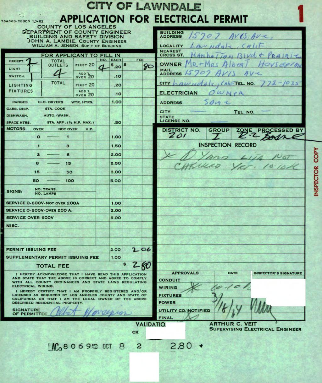 CITY OF LAWNDALE,...,3 APPLICATION FOR ELECTRICAL PERMIT COUNTY OF LOS ANGELES DEPARTTvIENT OF COUNTY ENGINEER _ BUILDING AND SAFETY DIVISION / y «- /i* /fy LIGHTING FIXTURES flances OaRB.