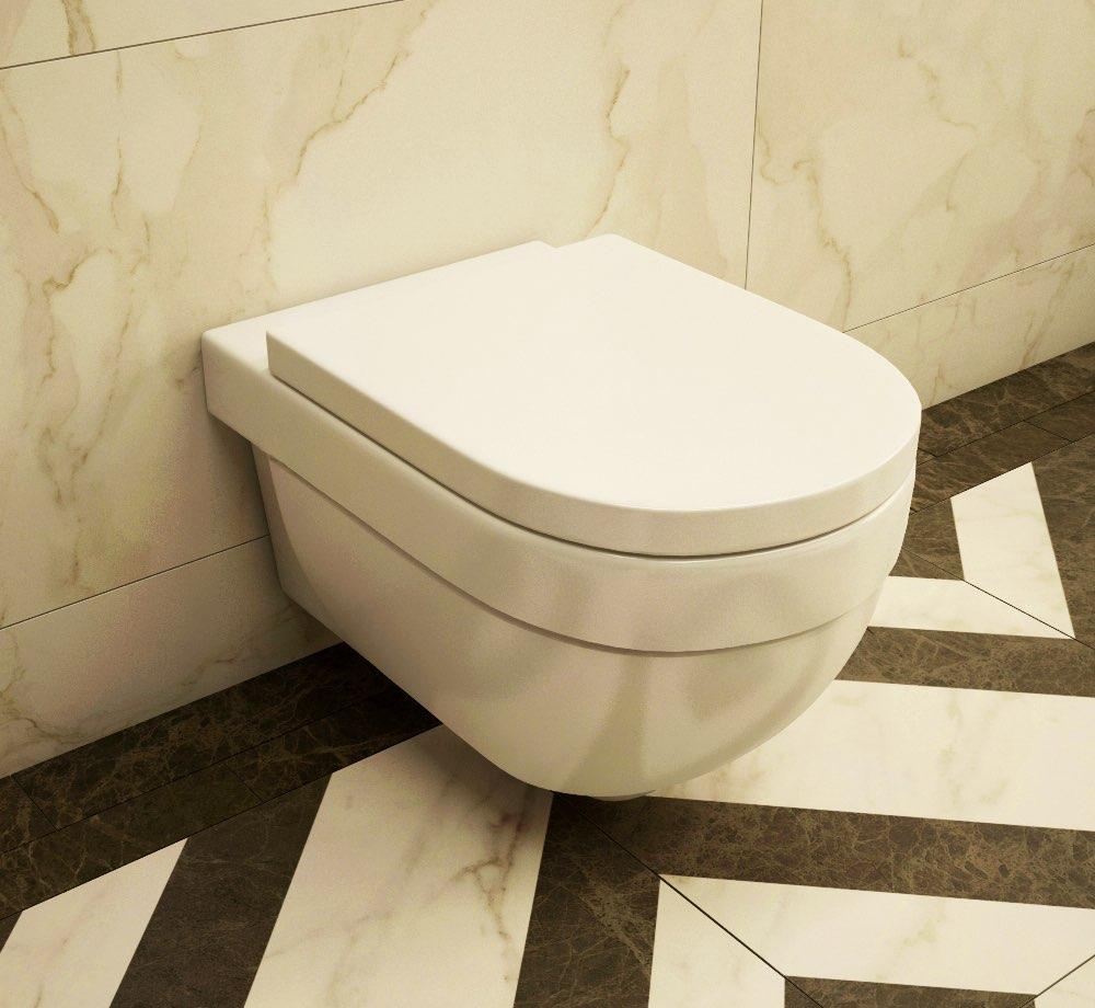 WALL-HUNG TOILET The toilet design is based on well-rounded shape, bold lines and regular-shaped angles creating the atmosphere of pure harmony in a bathroom This wall-hung toilet with both simple