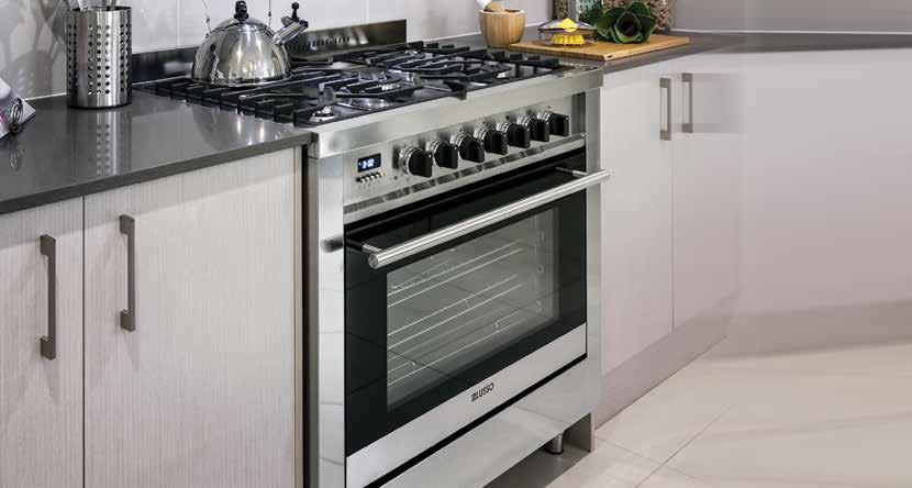 (H) POWER SOURCE Cooktop - Natural gas Oven - Electric 2 x wire racks 1 x baking tray 1 x grill insert LPG converter Stainless steel kickboard SHELVES 4 positions WARRANTY 3 years OVEN HOB 1 x rack