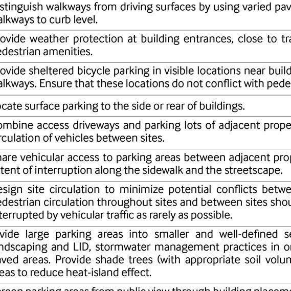 parking areas and transit stops to building entrances. Connect pedestrian walkways between adjacent properties in order to facilitate circulation between sites. Provide a minimum 2.