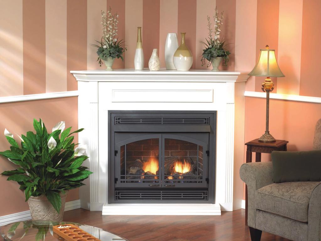 Vail 36 in a White Standard Corner Mantel with Base, trimmed with Hammered Pewter Mission Doors, Outer