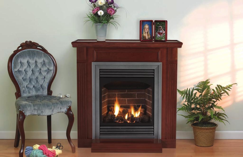Vail 24 Vail 24 Fireplace System with Optional Ceramic Aged Brick Liner, Cherry Mantel, and Hammered Pewter Frame, Louvers and Bottom Trim Vail 24 a full-featured fireplace for smaller spaces The